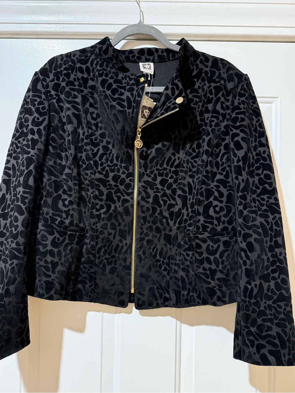 Anne Klein Black Velvet Leopard-Print Moto Jacket with Gold Zipper